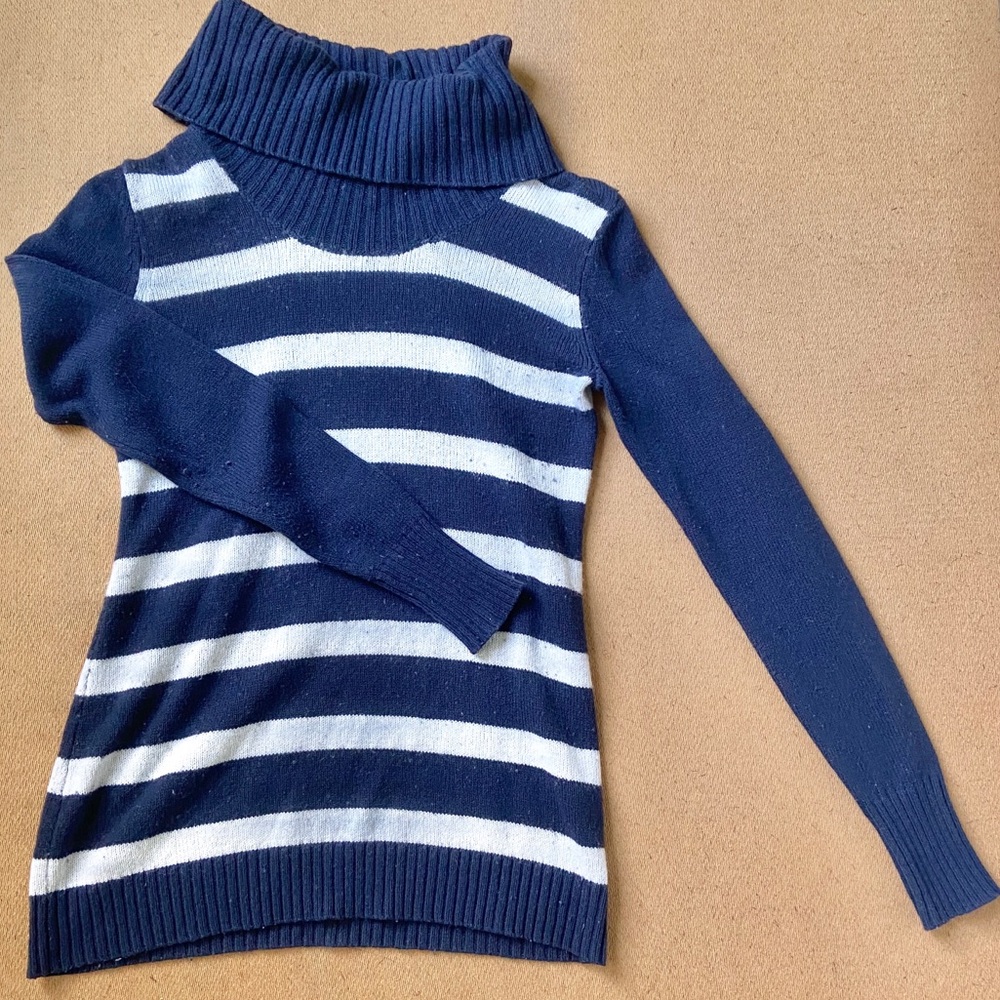 GAP Blue and White Striped Cowl Neck Sweater